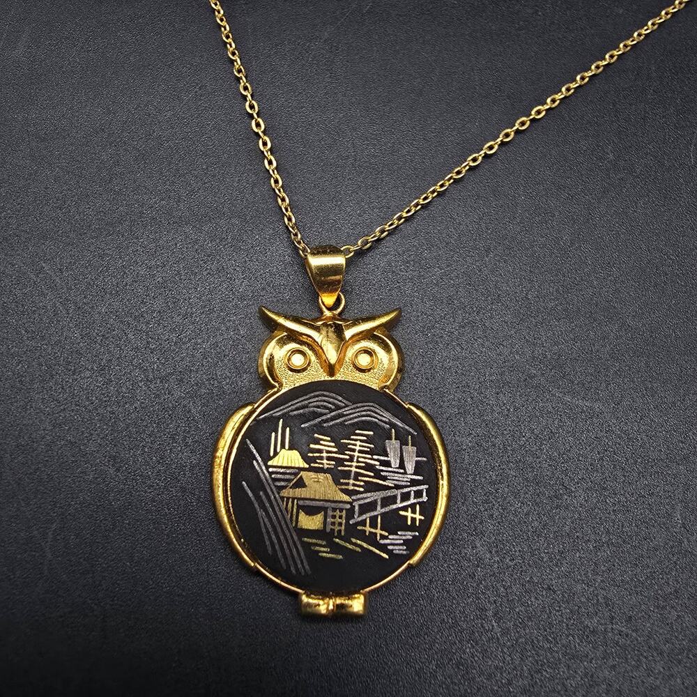 Amita Damascene Owl Pendant Black Gold Tone Vintage Costume Jewelry